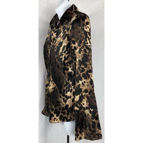Vintage Satin top S leopard cheetah flare long sleeve whimsigoth Glam grunge 90s - Picture 2 of 5
